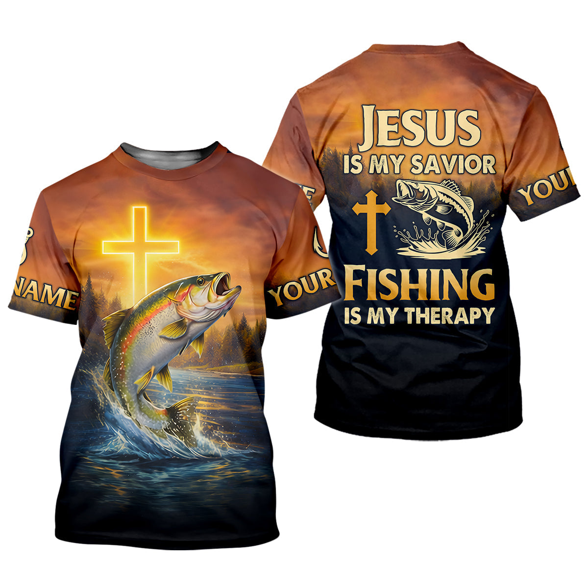 Jesus Is My Savior Fishing Is My Therapy Shirt, Custom Name Fishing Shirt, Fishing UPF Shirts, Funny Fishing Shirt