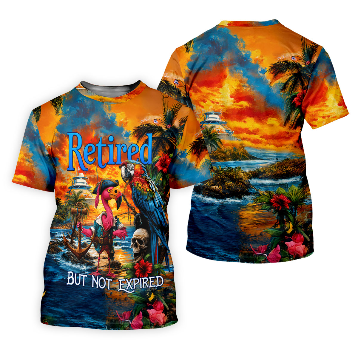 Retired Parrot Flamingo Pirate Tropical Golf Shirt, Mens Golf Polo, Hawaiian Golf Shirt, Golf Apparel For Men
