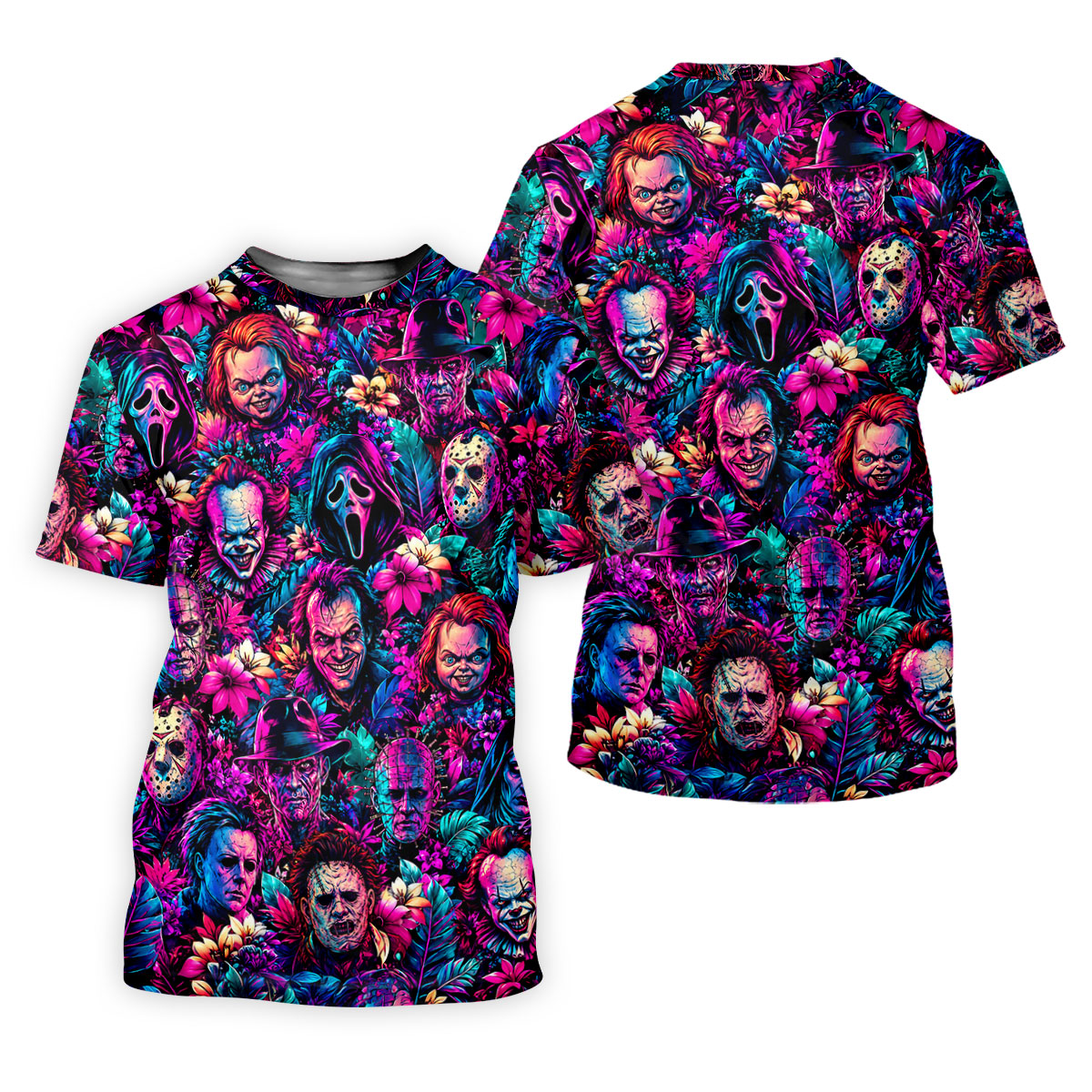 Neon Floral Horror Character Halloween Golf Shirt, Golf Shirts For Men, Mens Golf Apparel