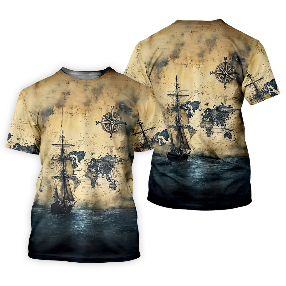 Vintage Ship Map Compass Ocean Golf Shirt, Hawaiian Golf Shirt, Mens Golf Shirts