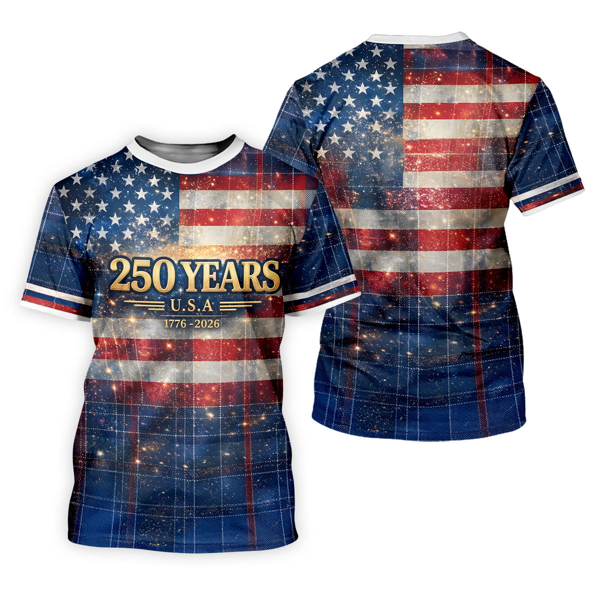 250 Years USA Galaxy Overlay Checkered Patriotic Golf Shirt, 4th Of July Golf Shirts For Men