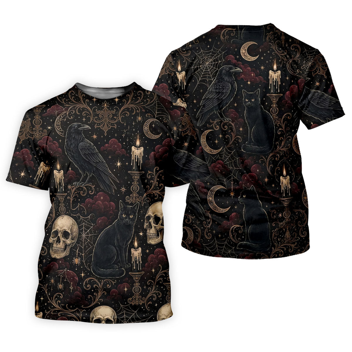 Gothic Raven Black Cat Skull Halloween Polo Shirt, Golf Shirts For Men, Mens Golf Apparel