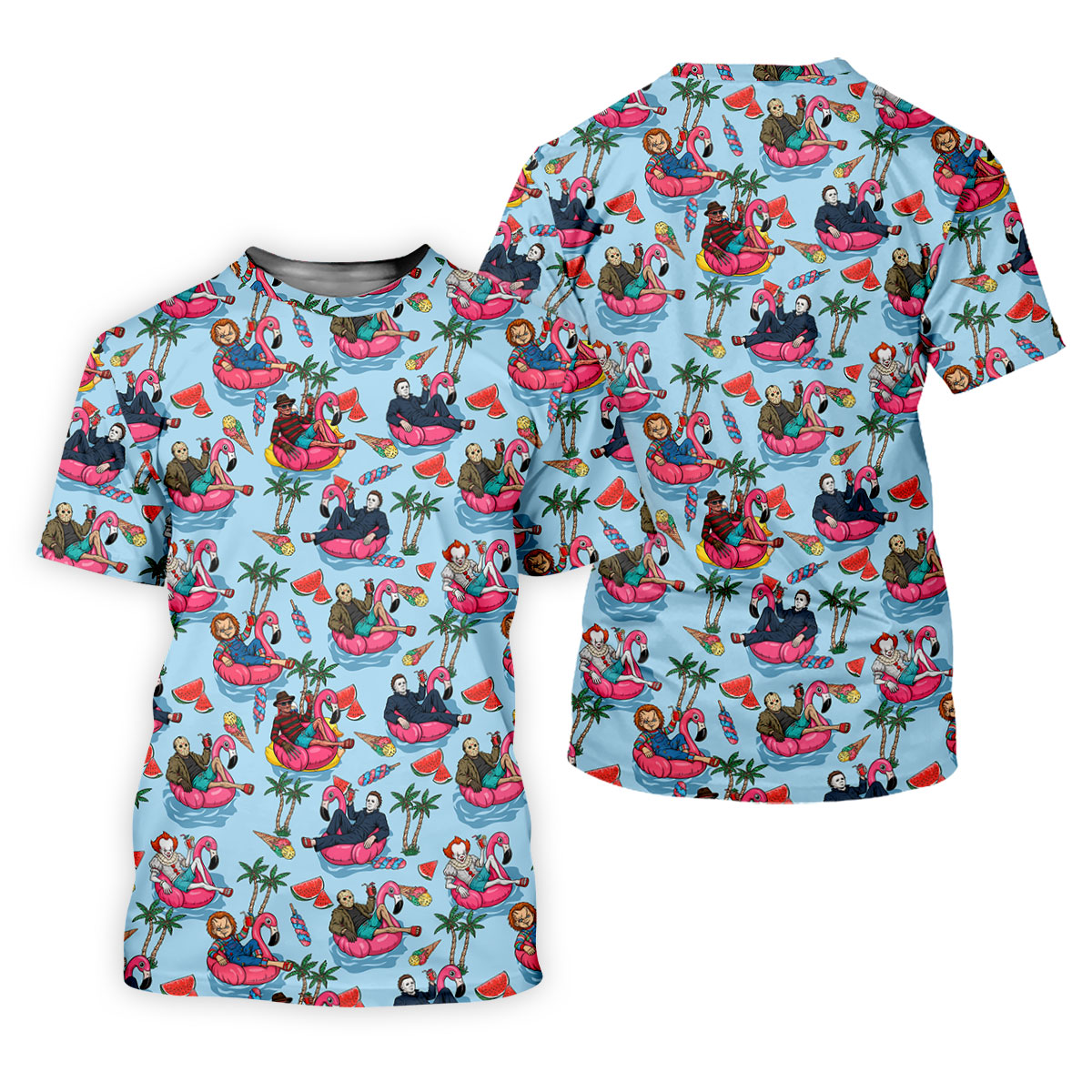 Retro Horror Character Villains Floating On Flamingo Pool Floats Golf Polo Shirt, Mens Golf Polo, Printed Golf Shirts
