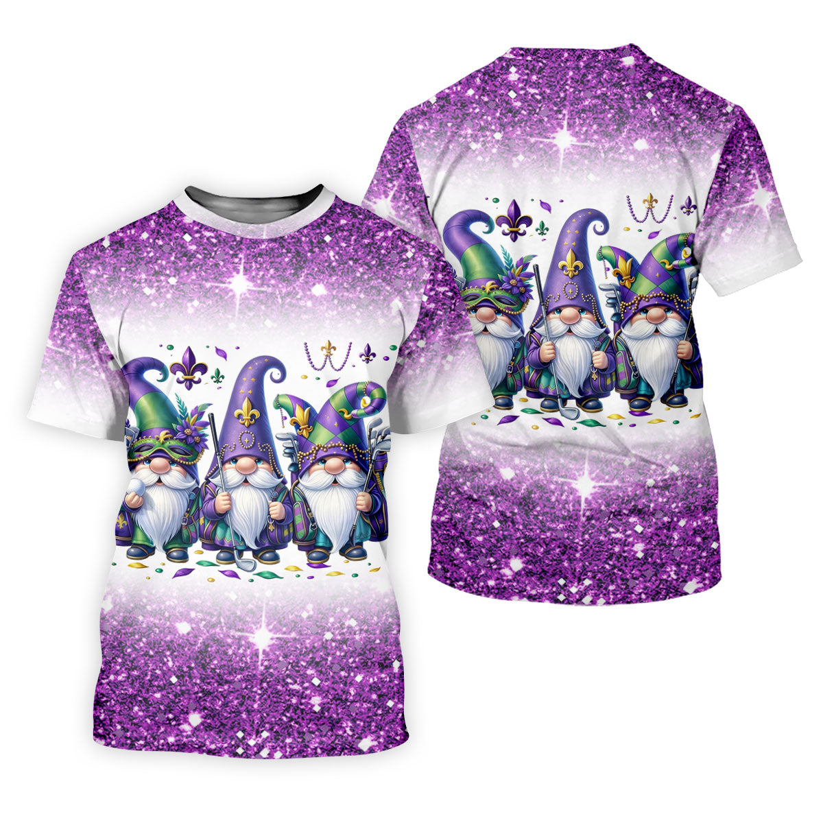 Mardi Gras Gnomes Fleur De Lis Glitter Effect Ladies Golf Tops, Women's Golf Shirts, Ladies Golf Polos