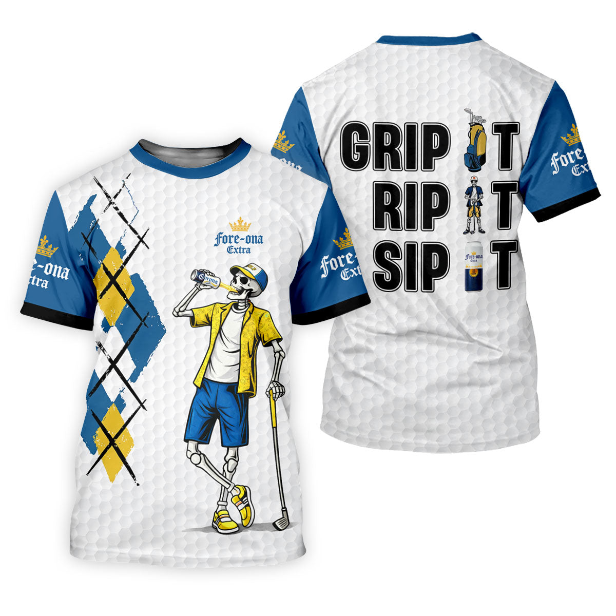 Blue Yellow Skeleton Golfer Beer Polo Shirt, Women’s Golf Apparel, Golf Shirts For Women