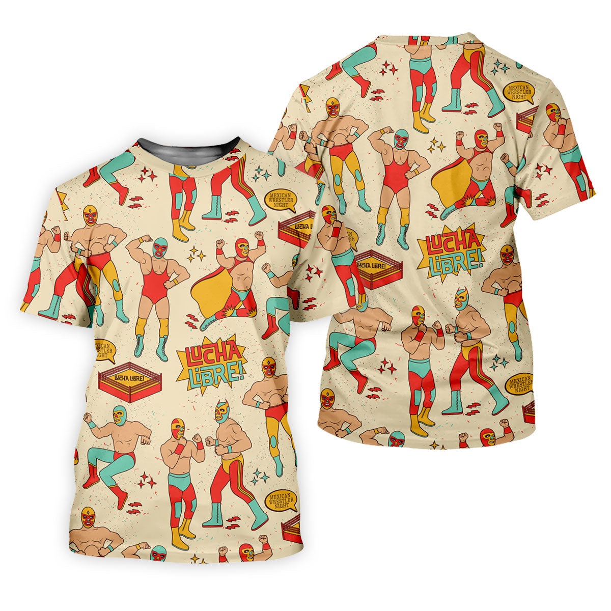 Beige Lucha Libre Mexican Wrestler Pattern Golf Shirt, Women's Golf Tops, Printed Golf Shirt