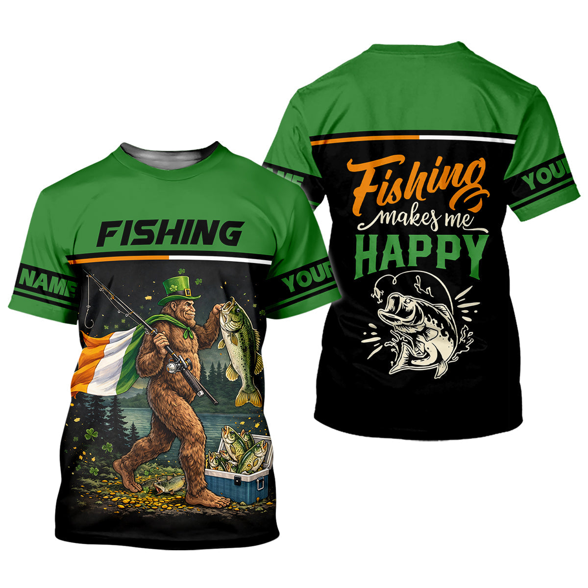 Fishing Makes Me Happy Shirt, Personalized Bigfoot St. Patrick’s Day Fishing Long Sleeve For Men