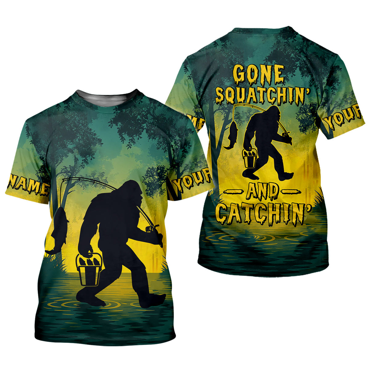 Gone Squatchin And Catching Yellow Forest Bigfoot Fishing UPF Shirts, Funny Fishing Shirt, Fishing Gifts For Men