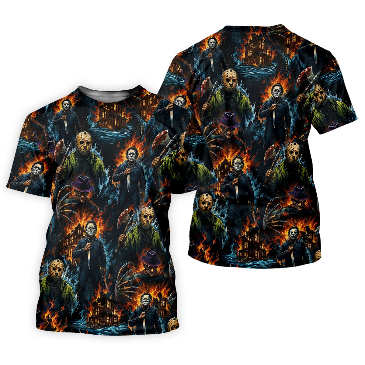 Horror Character Fire Collage Halloween Polo Shirt, Women’s Golf Polo, Golf Tops For Women