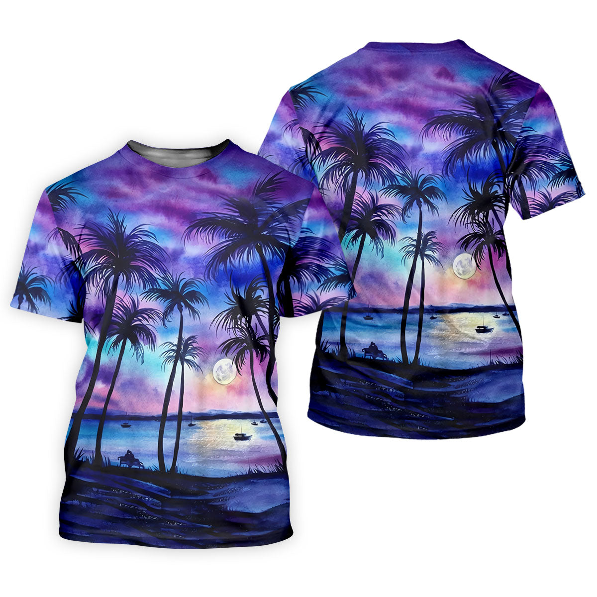 Moonlit Tropical Beach Palm Tree Design Hawaiian Golf Shirt, Golf Shirts For Men, Polo Shirts For Men
