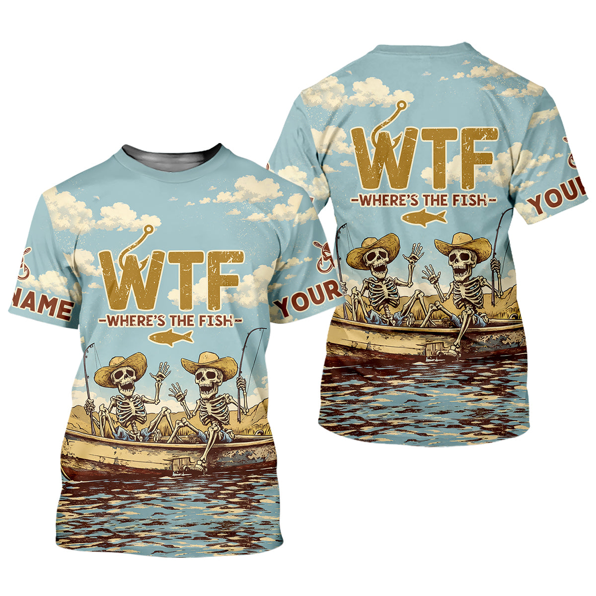 Personalized WTF Where’s The Fish Fishing Shirt, Funny Skeleton Fishermen Boat, Custom Name
