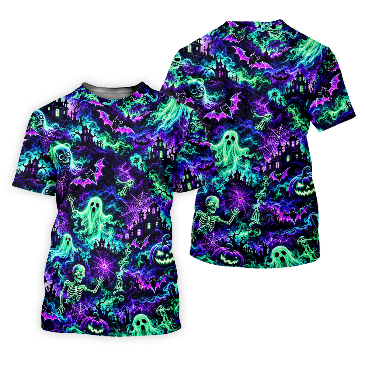 Neon Ghost Skeleton Halloween Horror Character Polo Shirt, Golf Shirt, Mens Golf Polo