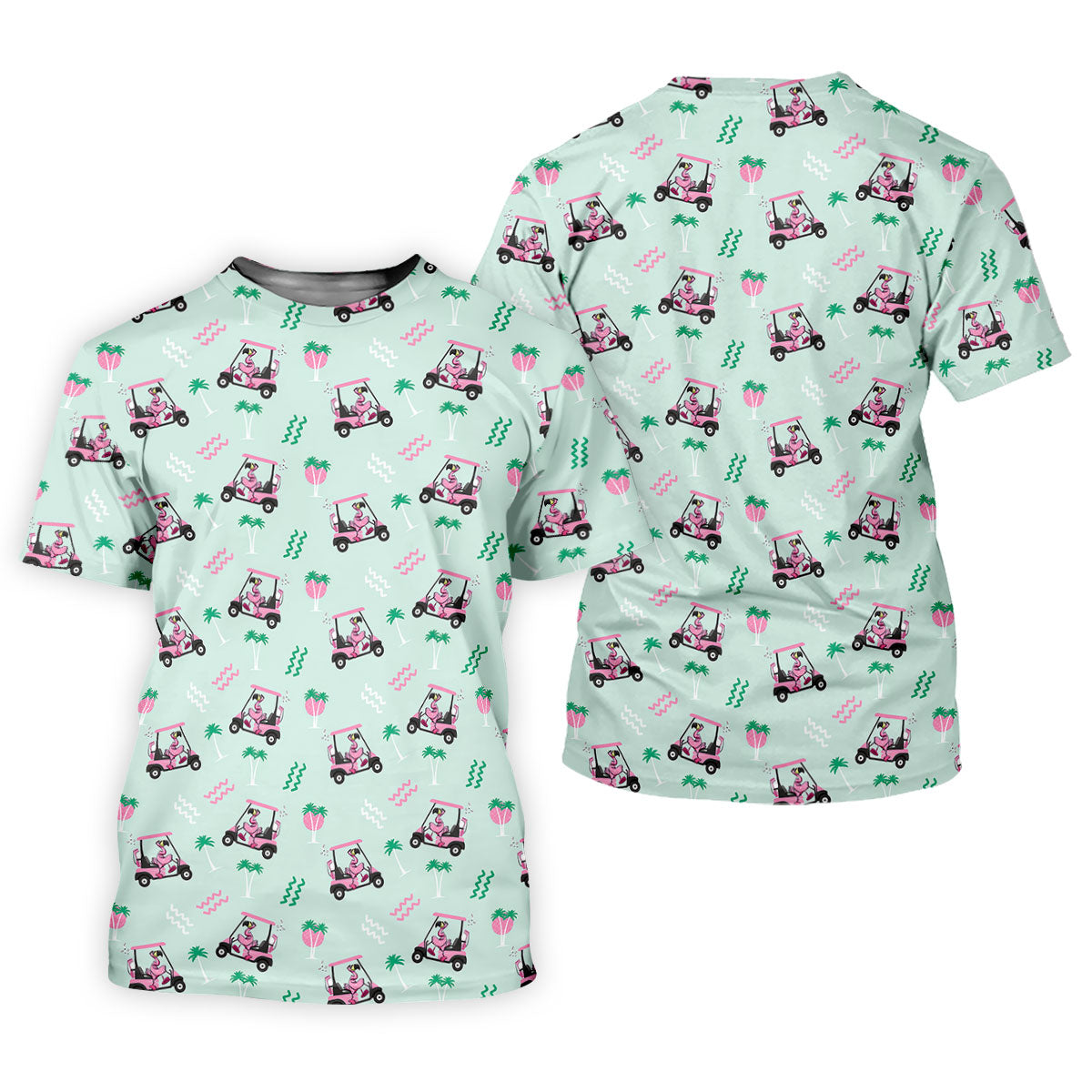 Funny Flamingo Golf Cart Tropical Pattern Polo Shirt, Mens Golf Polo, Golf Apparel For Men