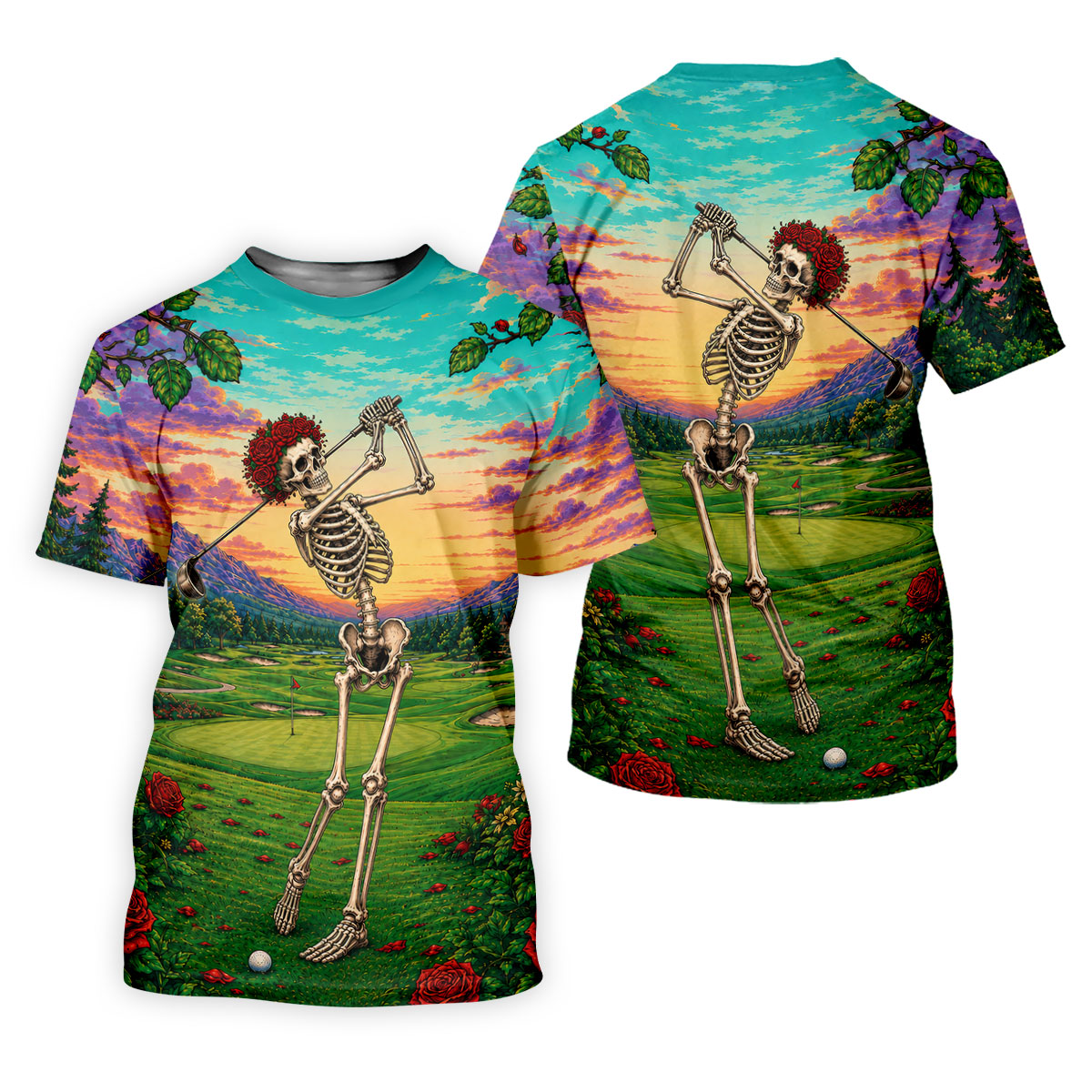 Skeleton Golfer Sunset Golf Course Shirt, Mens Golf Apparel, Halloween Golf Shirt