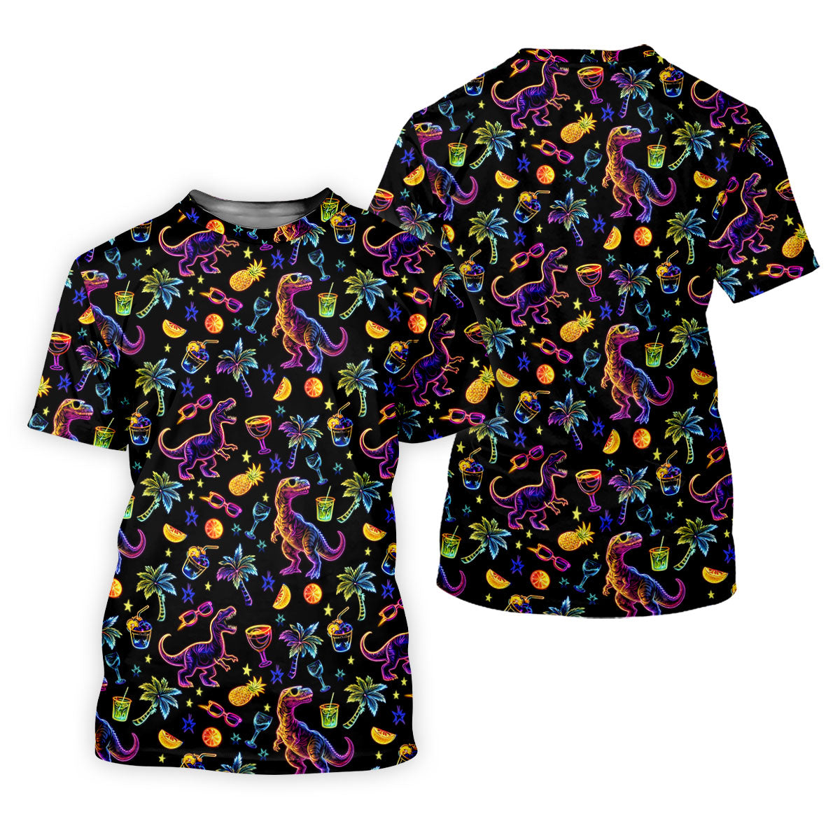Neon Dinosaur Tropical Theme Hawaiian Golf Shirt, Polo Shirts For Men, Golfing Apparel