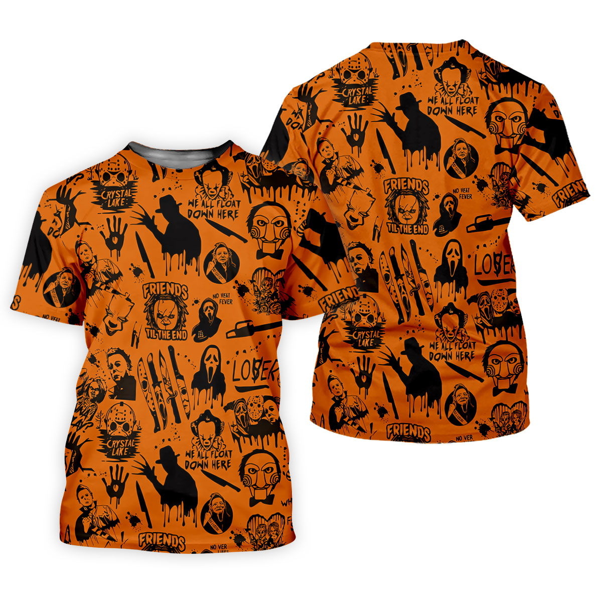 Orange Horror Character Icons Pattern Golf Polo Shirt for Halloween, Womens Golf Polo, Ladies Golf Shirts