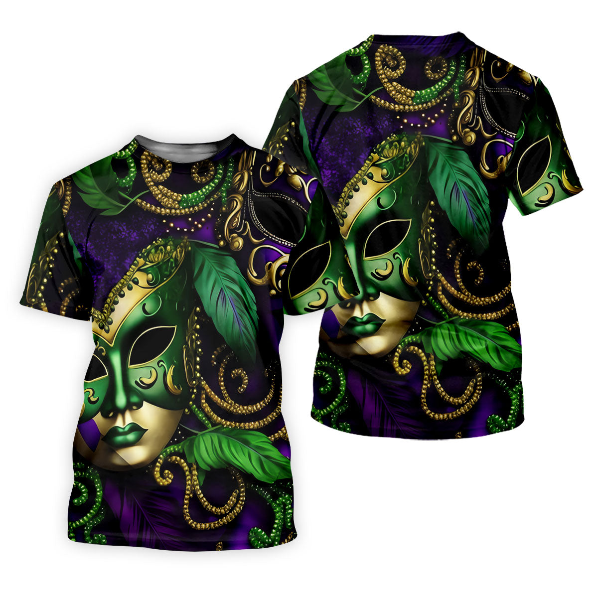 Purple Green Gold Carnival Mask Feather Print Mardi Gras Golf Shirt, Women's Golf Tops, Ladies Golf Shirts