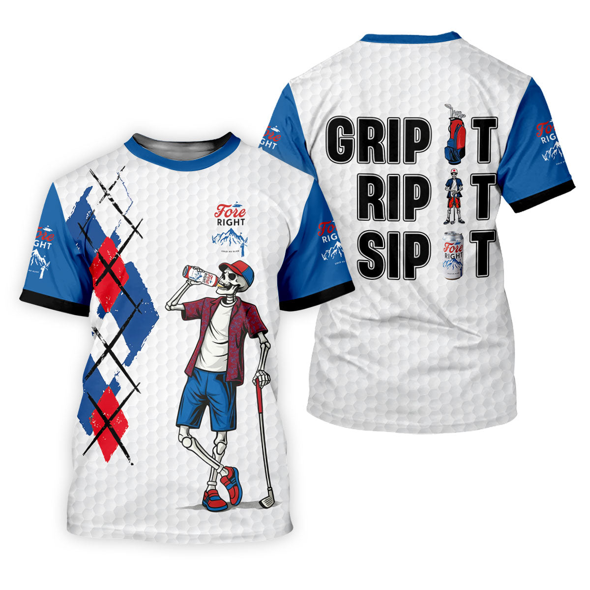 Fore Right Funny Skeleton Golf And Beer Red White  Women's Golf Tops, Ladies Golf Shirts