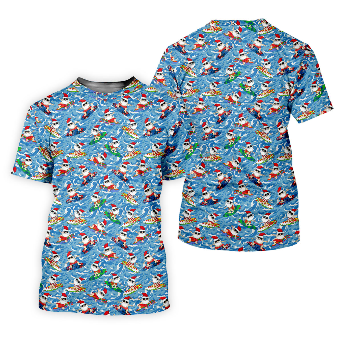Surfing Santa Christmas Ocean Pattern Polo Shirt, Mens Golf Polo, Christmas Golf Shirt