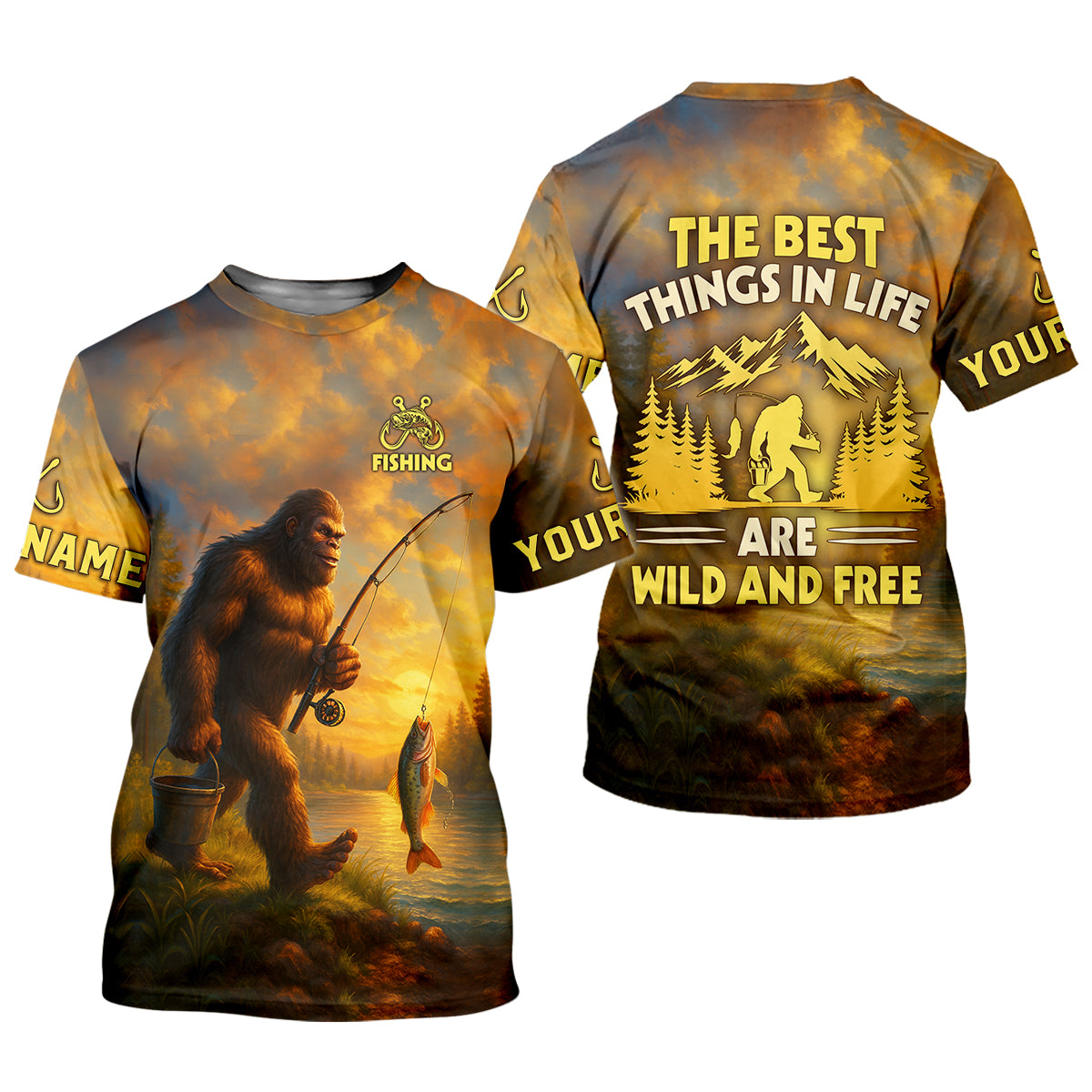 The Best Things In Life Are Wild And Free Bigfoot Sunset Funny Fishing Shirt, SPF Shirt For Men