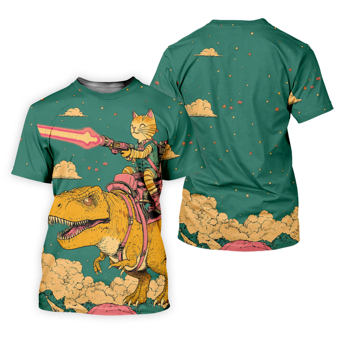 Laser Cat Dinosaur Golf Shirt, Retro Sci Fi T Rex Adventure Pattern, Golf Shirt For Men