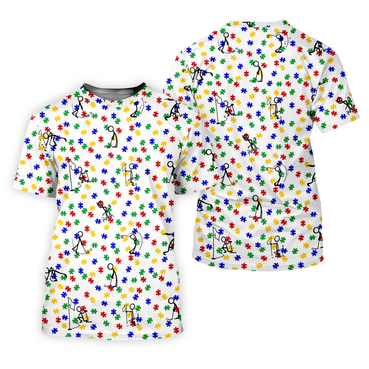 Funny Stick Figure Autism Puzzle Polo ShirtFor Men, Autism Awareness Golf Shirt, Golfing Apparel