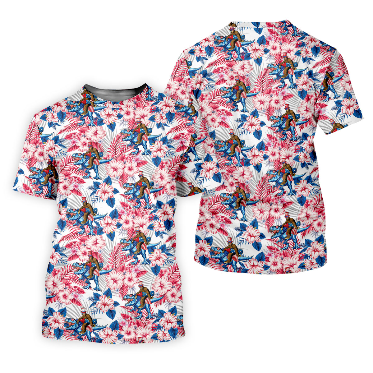 Patriotic T-Rex Bigfoot Hawaiian Floral Golf Shirt, 250 Years 4th Of July Golf Shirt For Women