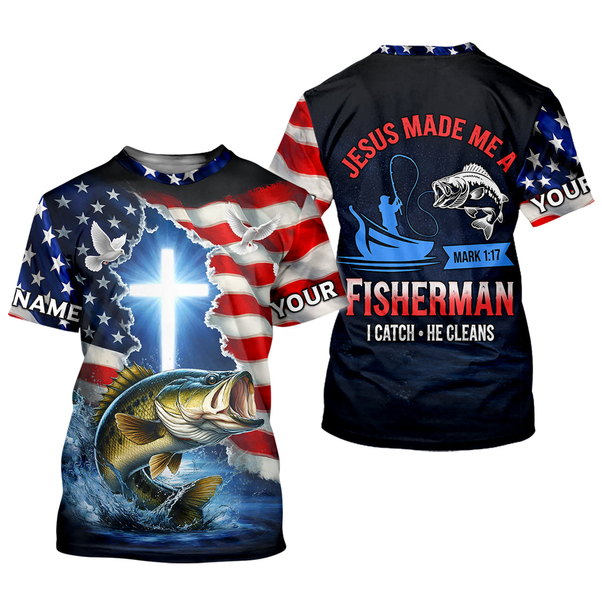 Jesus Made Me A Fisherman Shirt Christian, Patriotic Bass Fishing Tee For Men, Fishing UPF Shirts