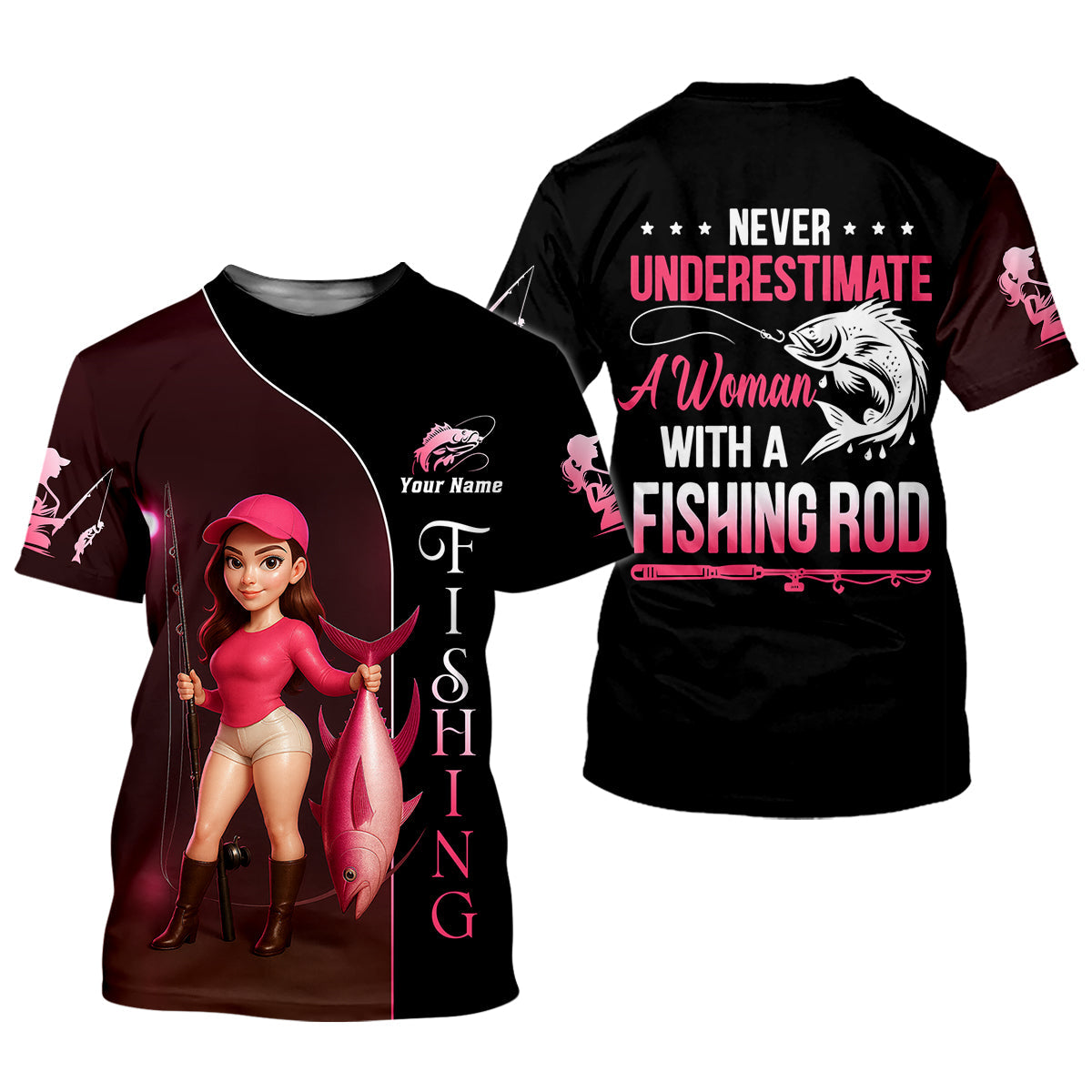 Never Underestimate A Women With A Fishing Rod Custom Name Fishing UPF Shirts, Women Fishing Shirt