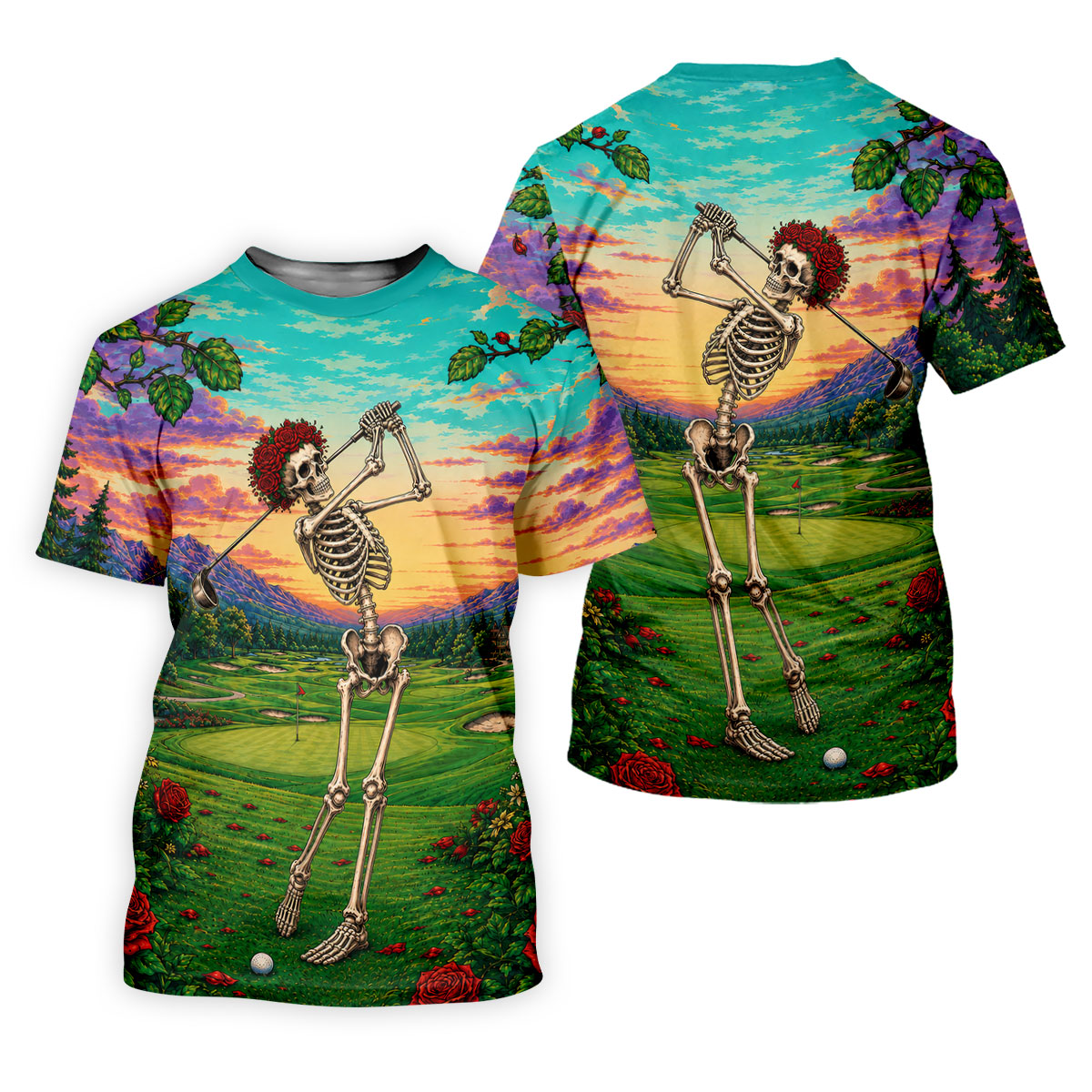 Skeleton Golfer Sunset Golf Course Shirt, Women's Golf Apparel, Halloween Golf Shirt