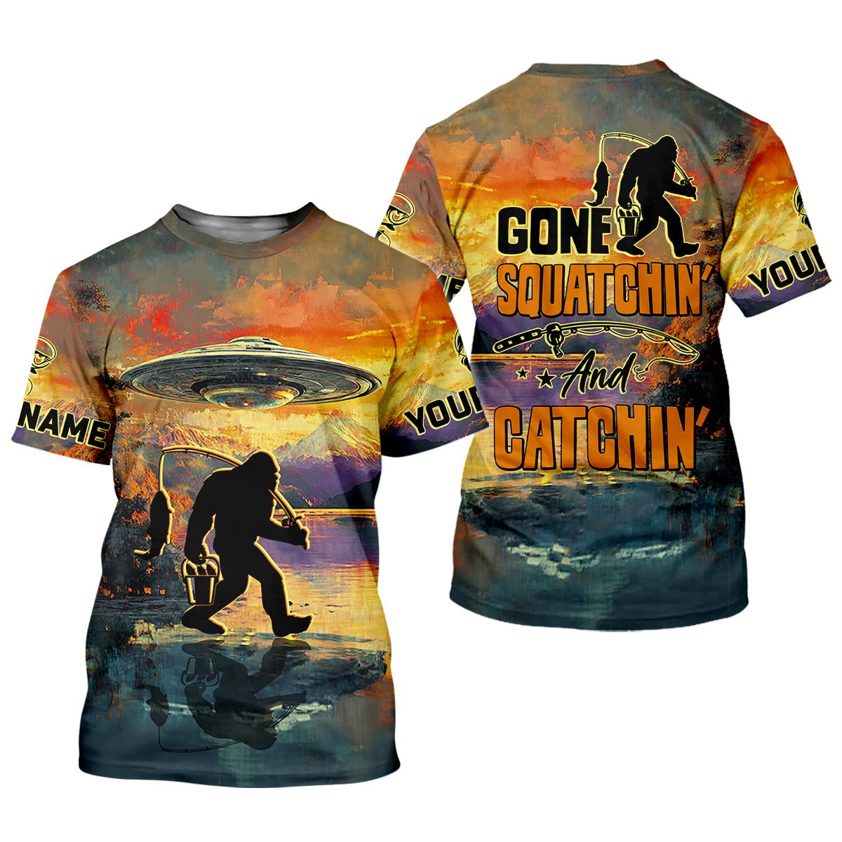 Gone Squatchin And Catchin UFO Bigfoot Fishing UPF Shirts, Fishing Gifts For Men, Fishing Shirts For Men