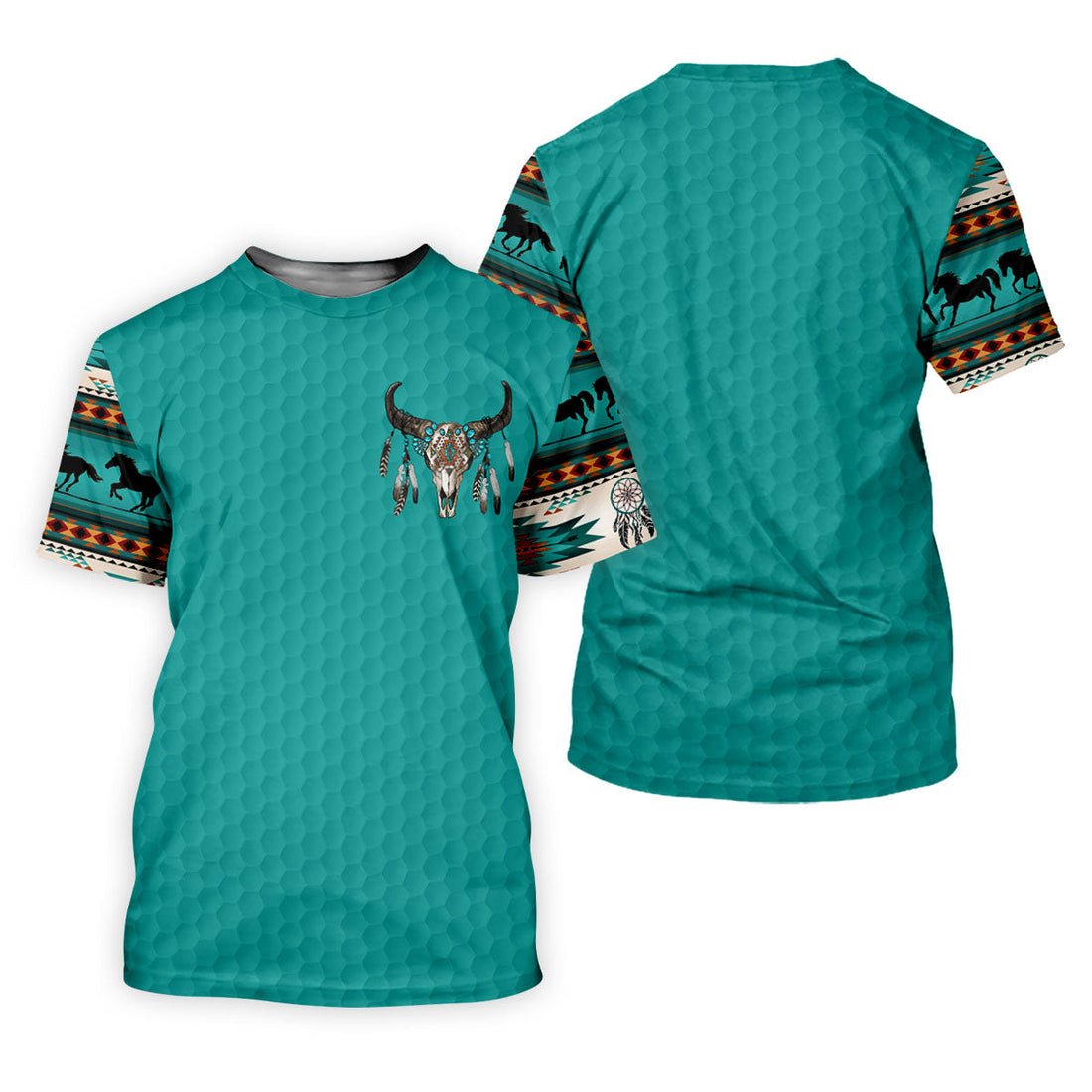 Turquoise Southwestern Bull Skull Golf Polo Shirt, Printed Golf Shirts, Golf Shirts For Men
