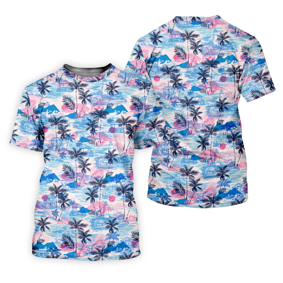 Tropical Island Sunset Pink And Blue Hawaiian Golf Shirt, Polo Shirts For Men, Golfing Apparel