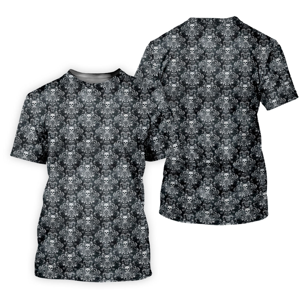 Skull Damask Charcoal Grey Gothic Floral Golf Tops For Men, Polo ShirtFor Men, Golf Shirts For Men