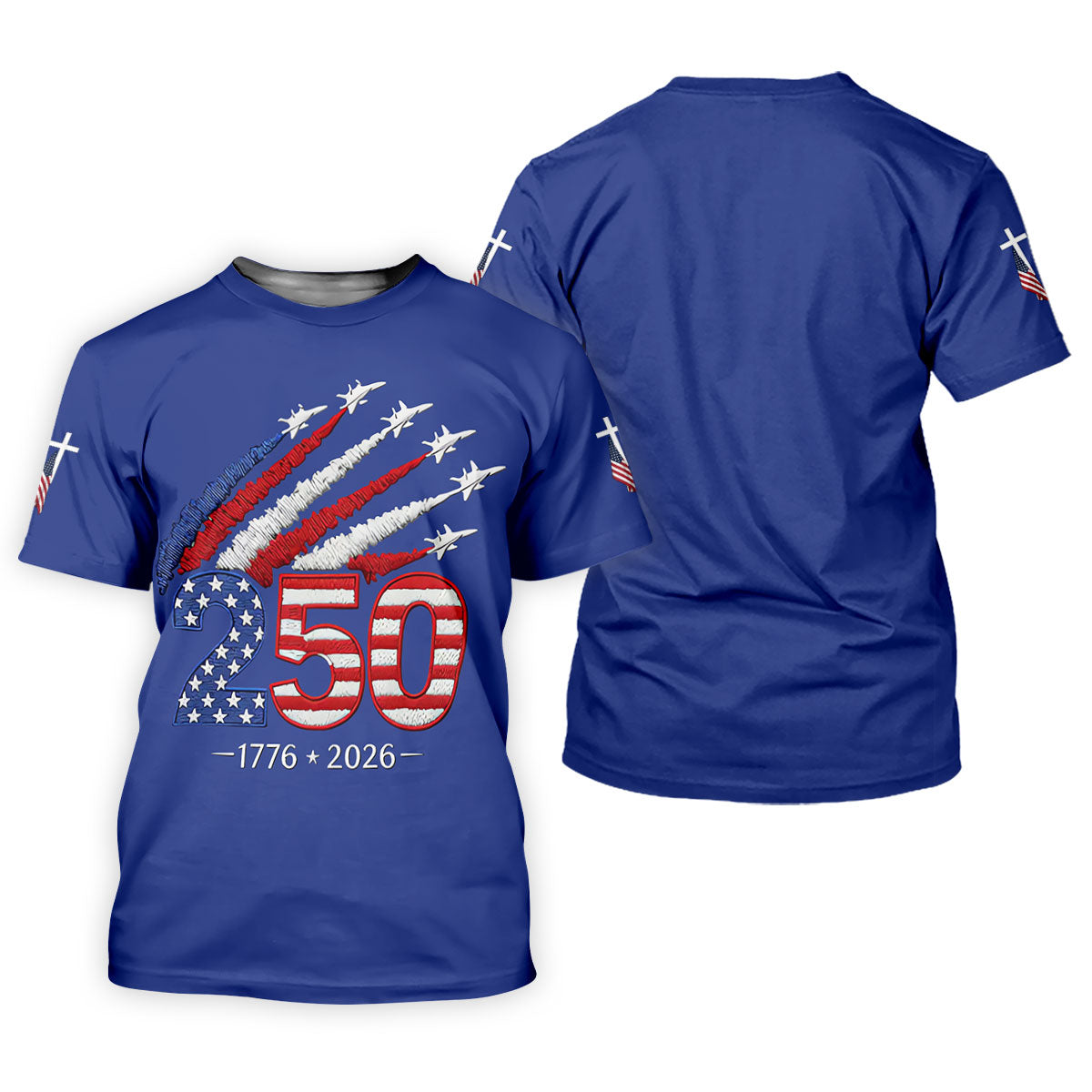 Flying Fighter Jets Faith Cross Patriotic 4th Of July Blue Golf Shirt, 250 Years Golf Shirts For Men