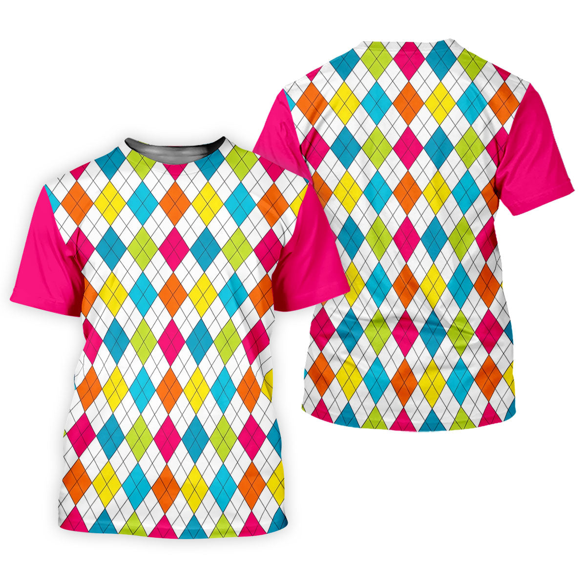 Pink Sleeve Colorful Argyle Plaid Golf Shirt, Golf Polo For Women, Printed Golf Shirt