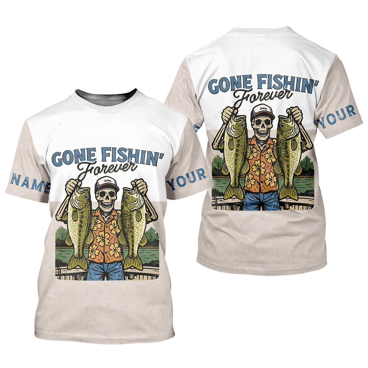 Gone Fishing Forever Funny Skeleton Largemouth Bass Fishing UPF Shirts, Fishing Shirts For Men