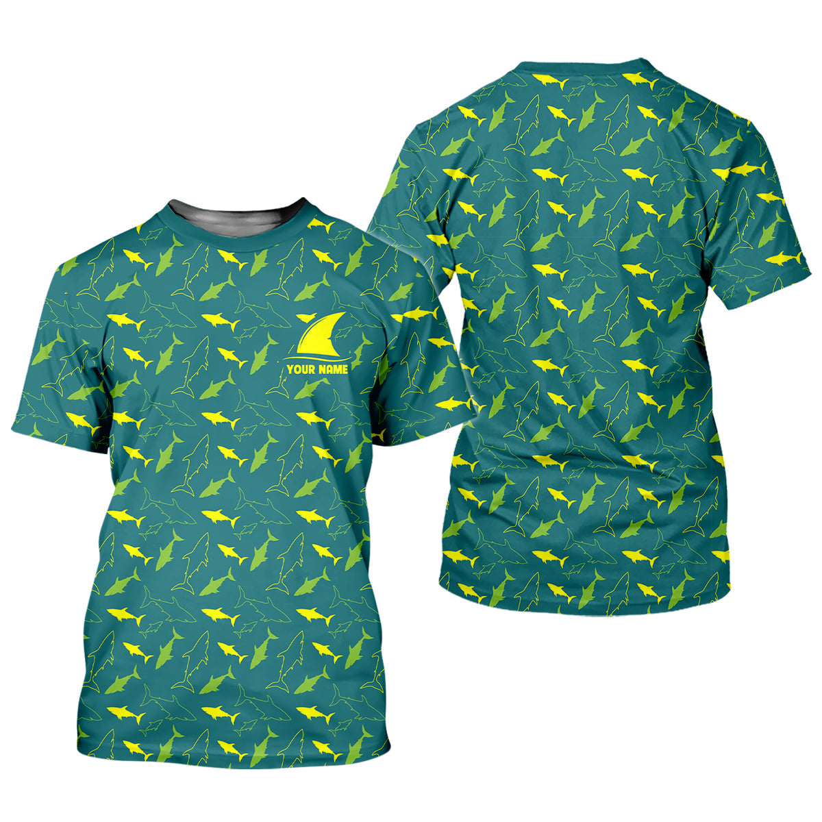 Green And Yellow Shark Pattern Performance Fishing Shirts, SPF Shirt For Men, Fishing Gifts For Men