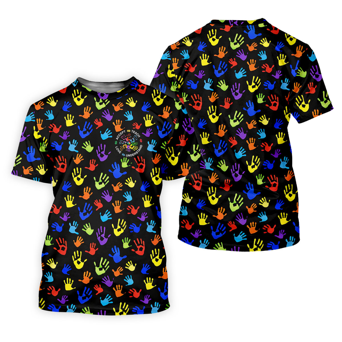 Accept Teach Understand Love Autism Awareness Colorful Handprint Black Golf Shirt, Women's Golf Tops
