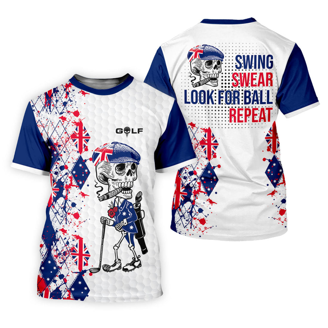 Swing Swear Look For Ball Repeat Australia Flag Print Skeleton Golfer Argyle Golf Shirt, Women's Golf Tops