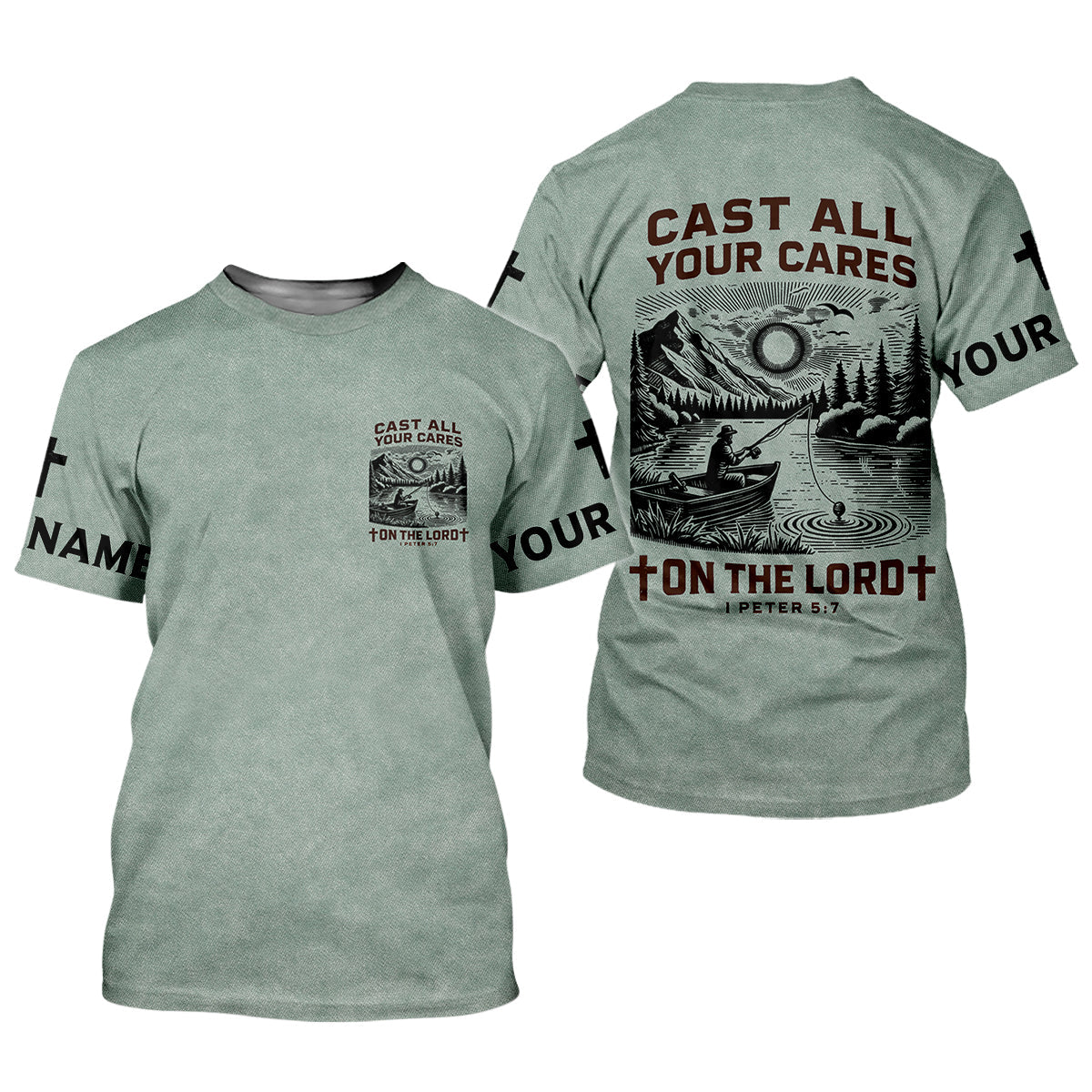 Cast All Your Cares On The Lord Faith Cross Fishing UPF Shirts, Christian Fishing Shirts For Men