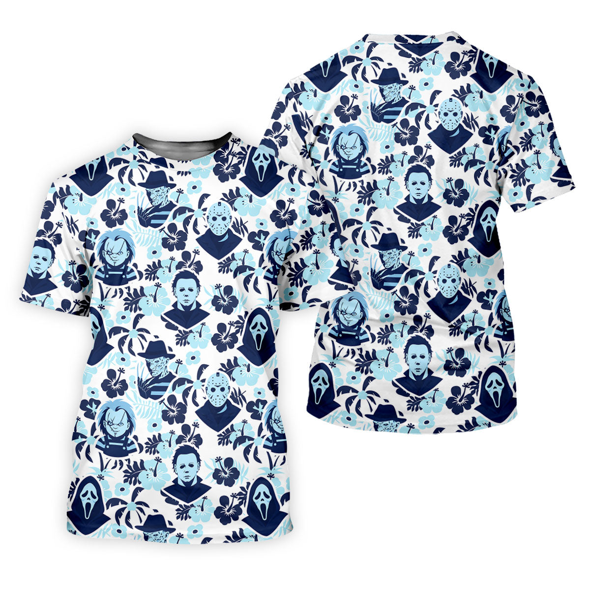 Blue Tropical Horror Character Halloween Golf Shirt, Mens Golf Apparel, Hawaiian Golf Shirt