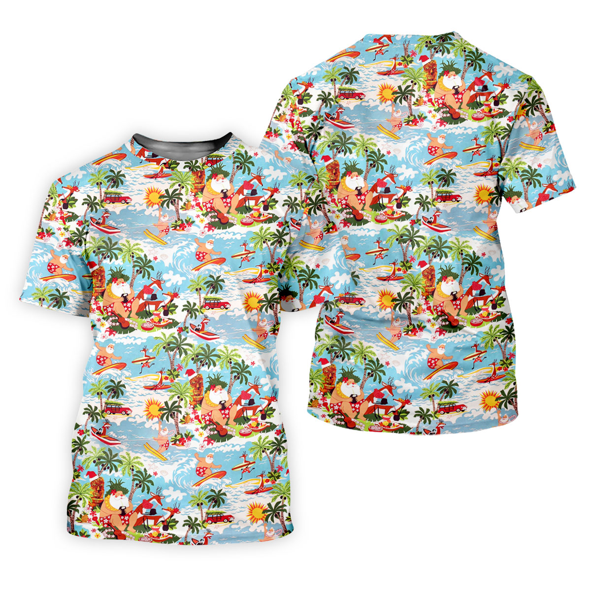 Surfing Santa Tropical Christmas Golf Shirt, Beach Reindeer Holiday Polo, Hawaiian Golf Shirt, Printed Golf Shirts