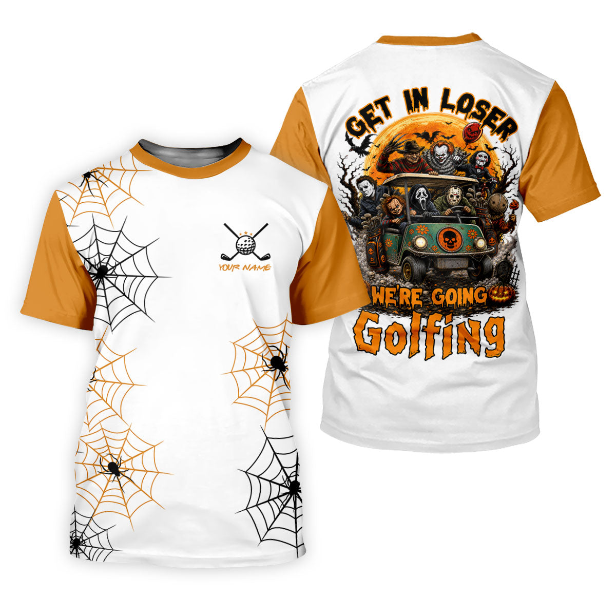 Custom Get In Loser We're Going Golfing Halloween Horror Character Golf Shirt, Golf Shirts For Men