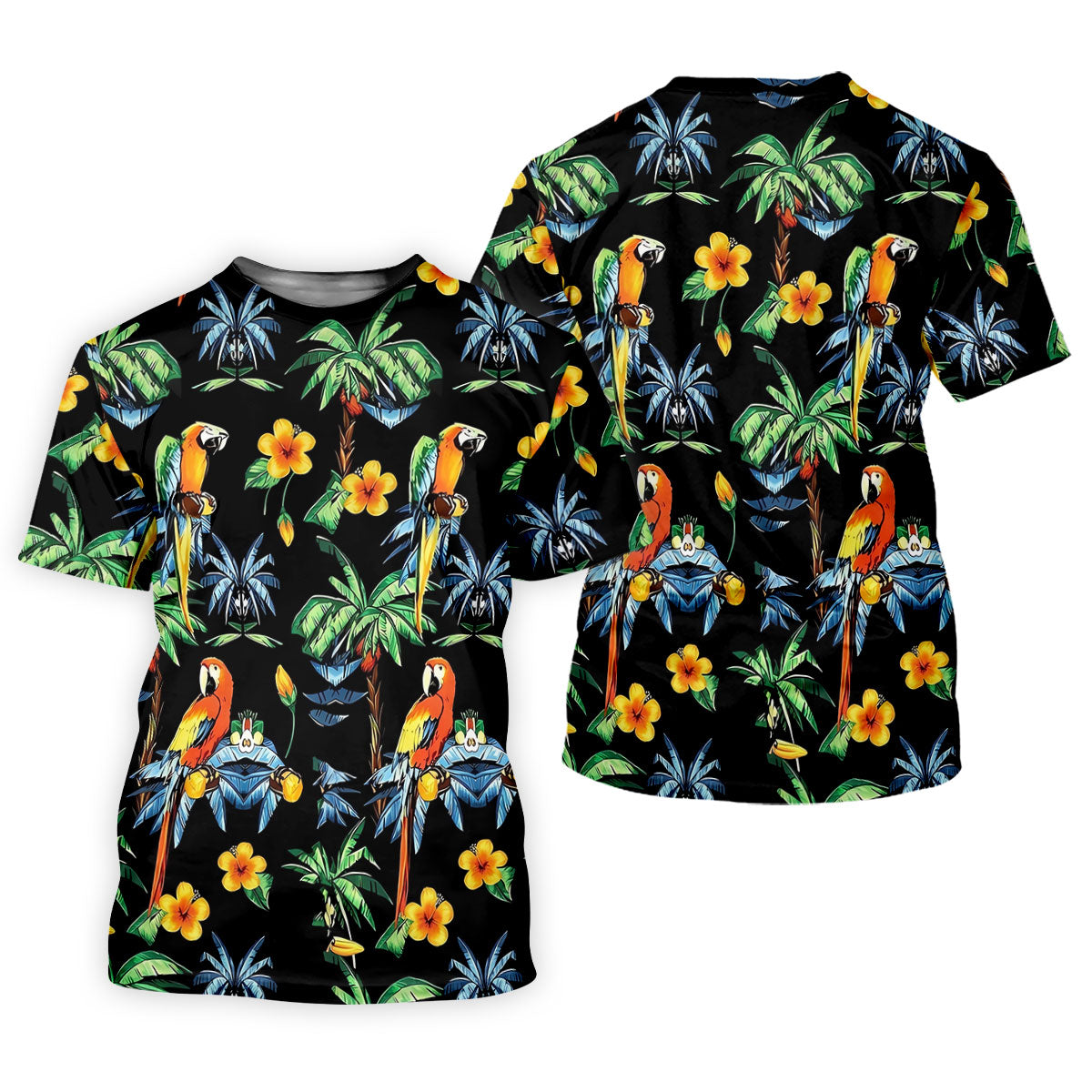 Black Tropical Parrot Palm Flower Pattern Golf Shirt, Men's Golf Shirt, Mens Polo Shirts, Hawaiian Golf Shirt