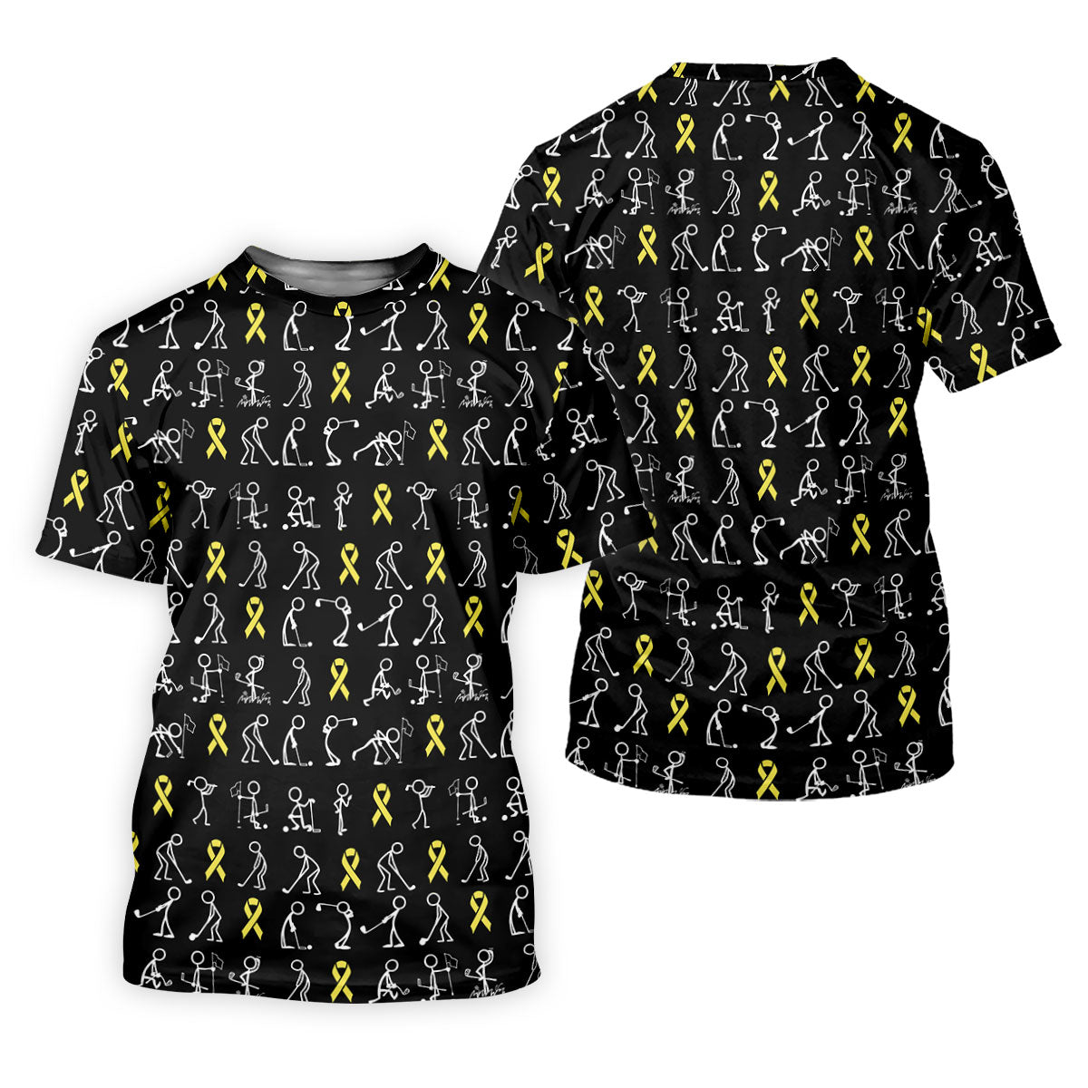 Funny Stick Figure Women's Golf Shirt, Childhood Cancer Awareness Shirt, Yellow Ribbon Golf Shirts For Women