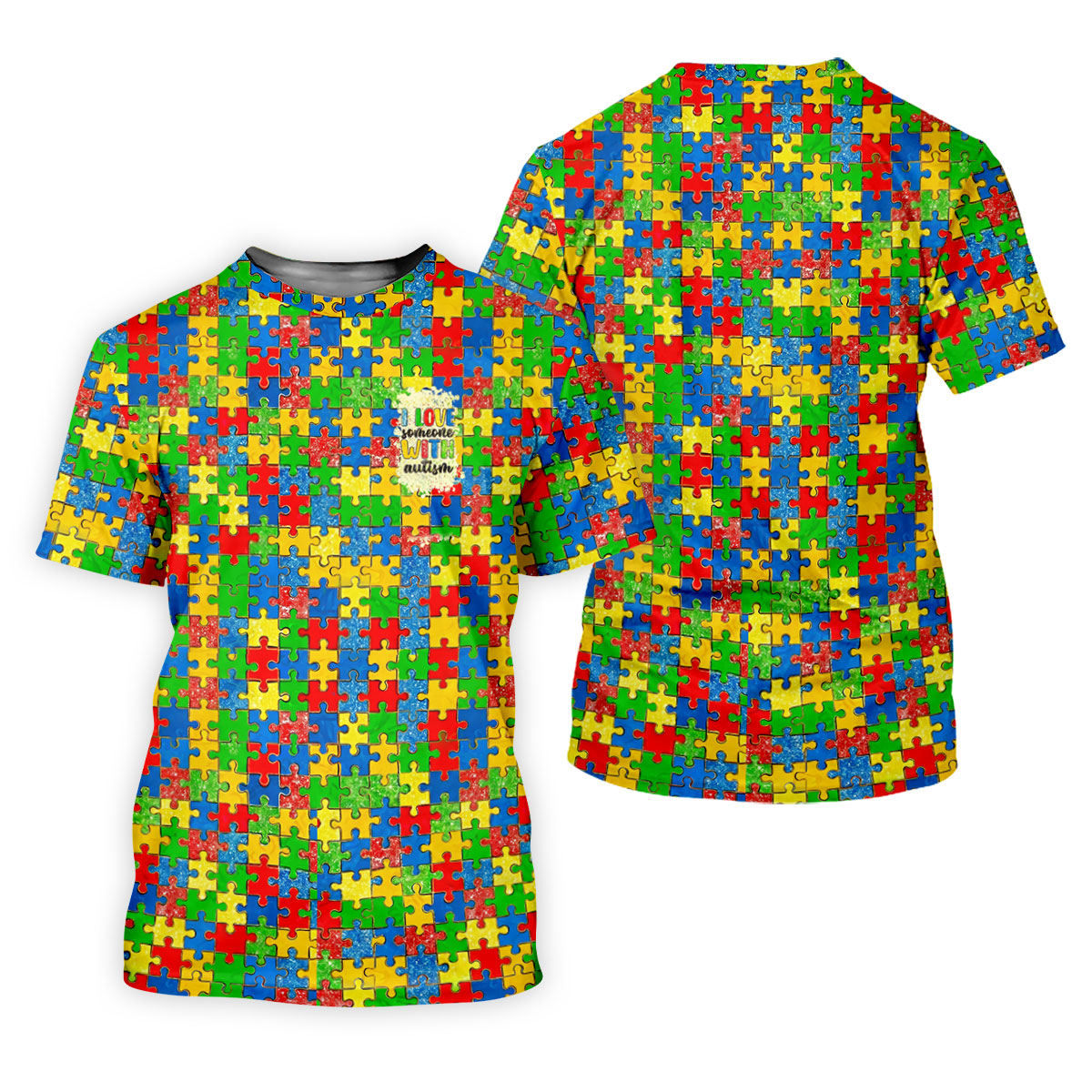 I Love Someone With Autism Colorful Puzzle Pattern Men's Golf Shirt, Autism Awareness Polo ShirtFor Men