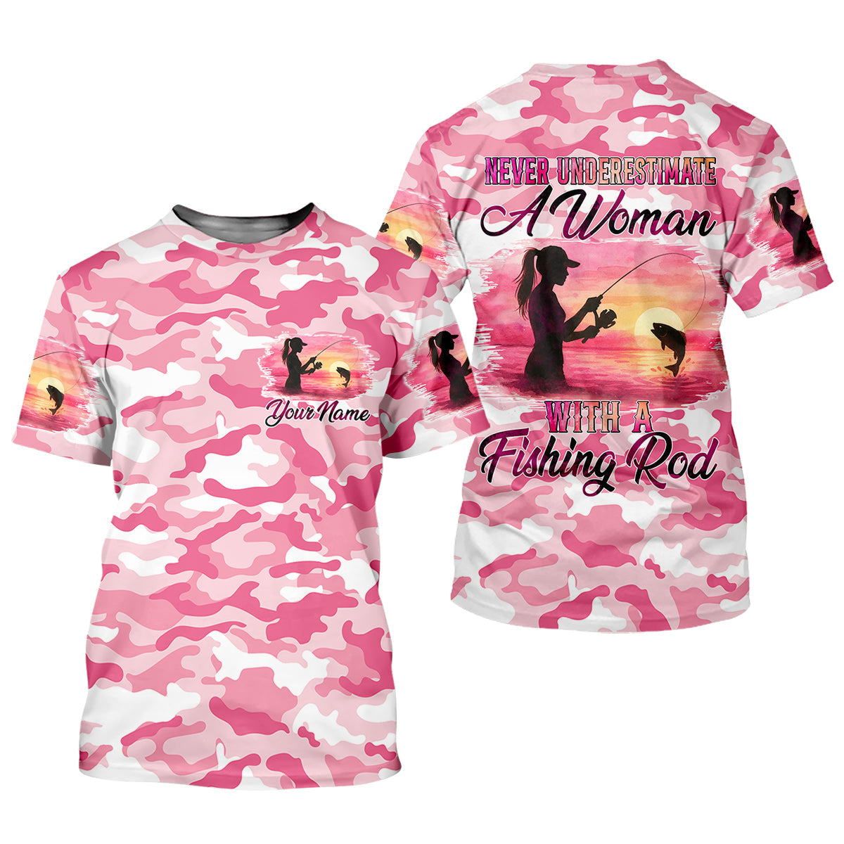 Never Underestimate A Women With A Fishing Rod Women's Pink Camo Fishing UPF Shirts, Female Fishing Shirts