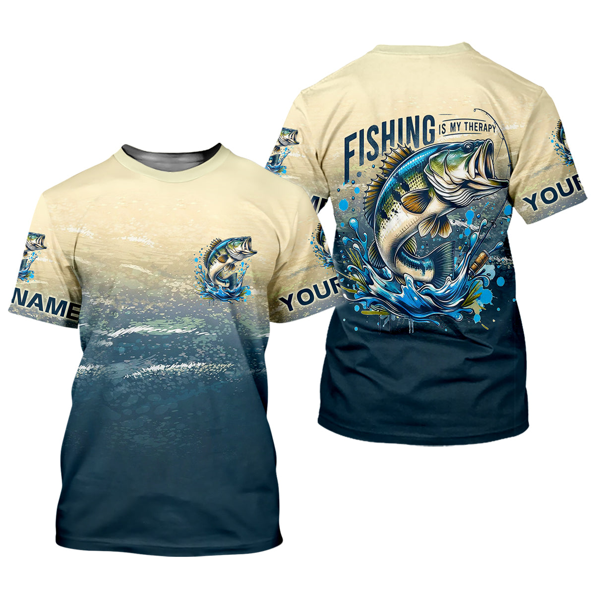 Fishing Is My Therapy Navy And Beige Fishing UPF Shirts, Gift For Fisherman, Fishing Shirts For Men