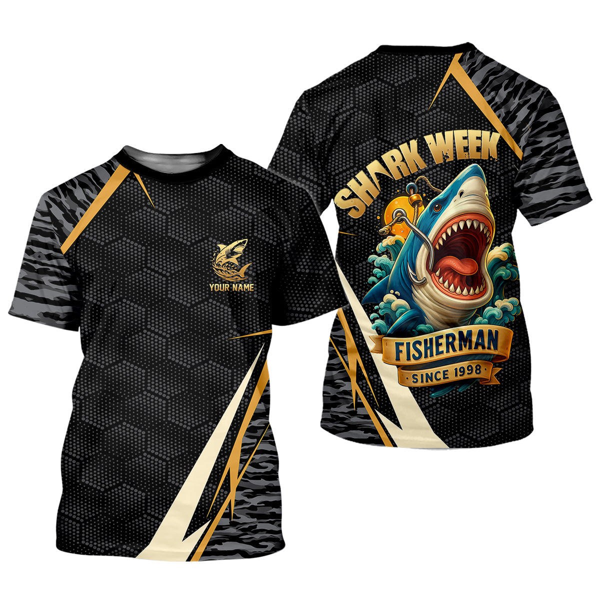 Shark Fishing SPF Shirt, Shark Week Hexagon Pattern Black Fishing Shirt, Female Fishing Shirts